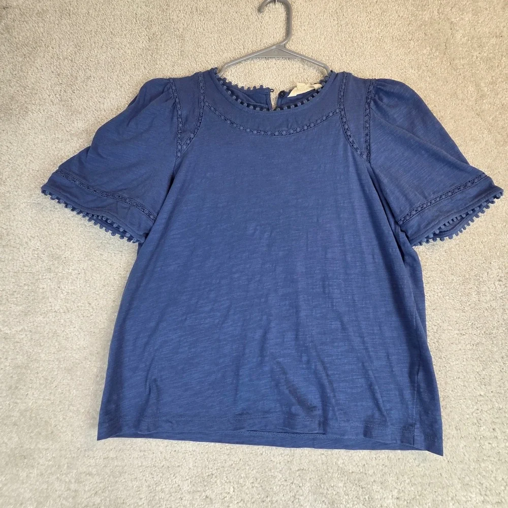 Boden Mila Lace Trim Top Blue Slub Cotton Women's Size 8